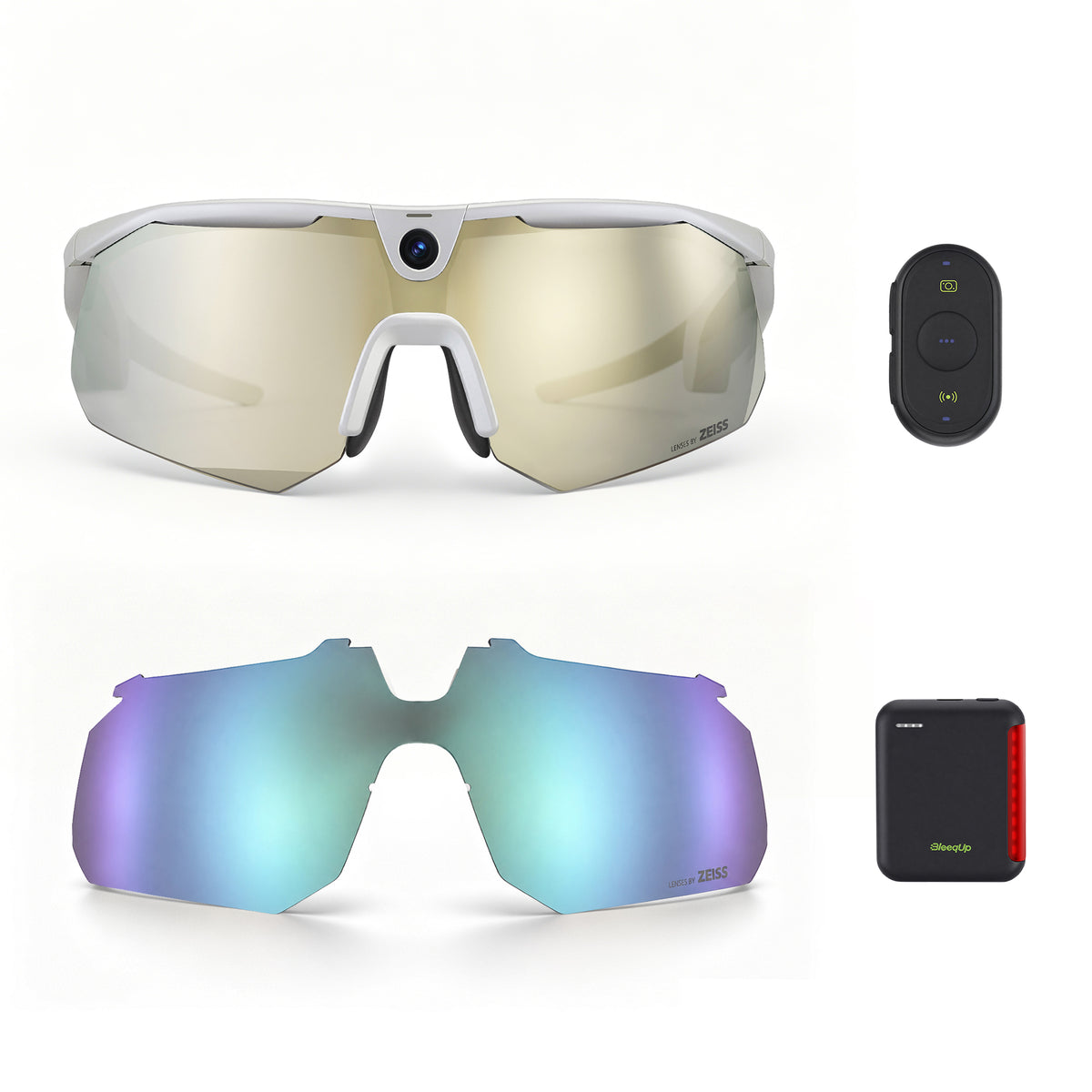 BleeqUp Ranger Ultimate Bundle, white ZEISS gold lenses with ZEISS blue replacement lens, Power Plus and Bluetooth controller