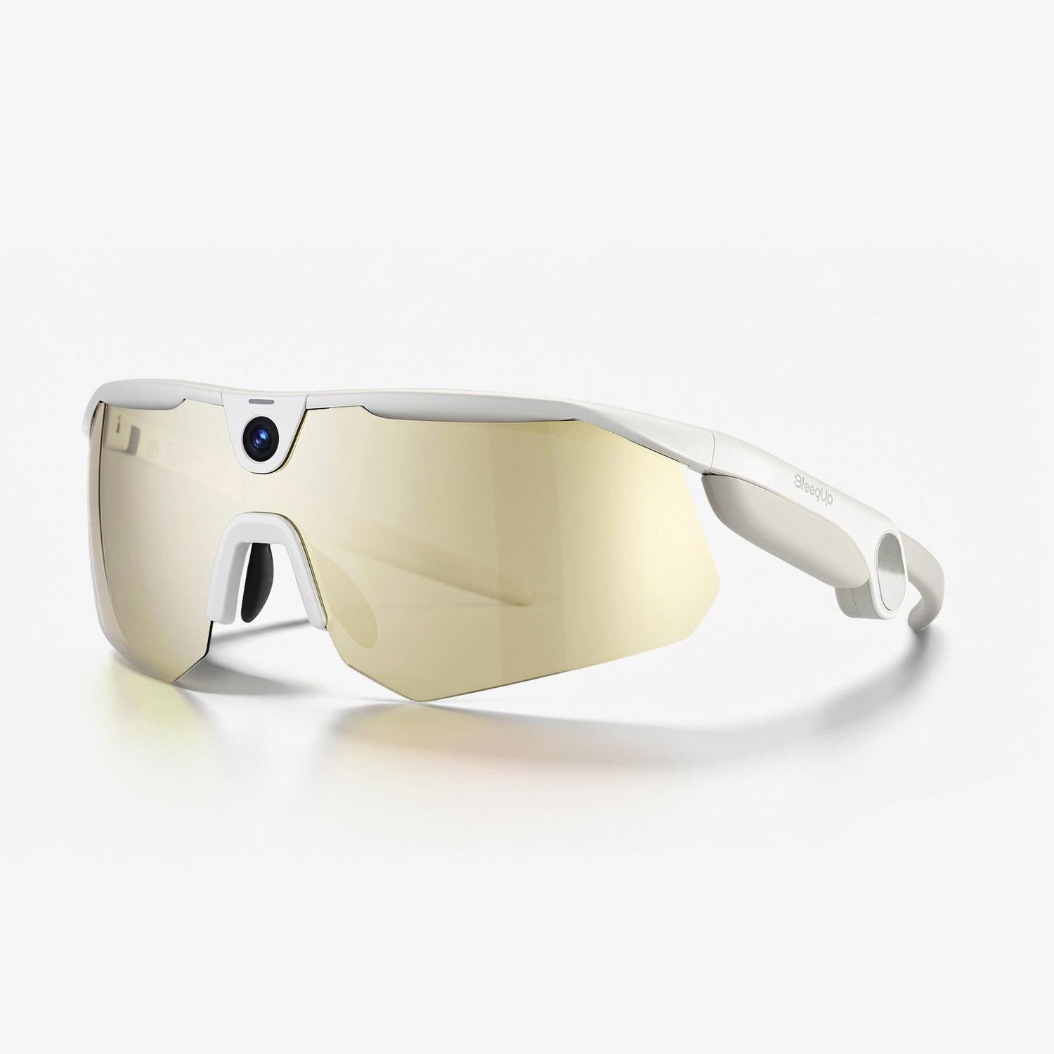BleeqUp Ranger AI sports camera glasses, white frame with standard gold lenses, side view