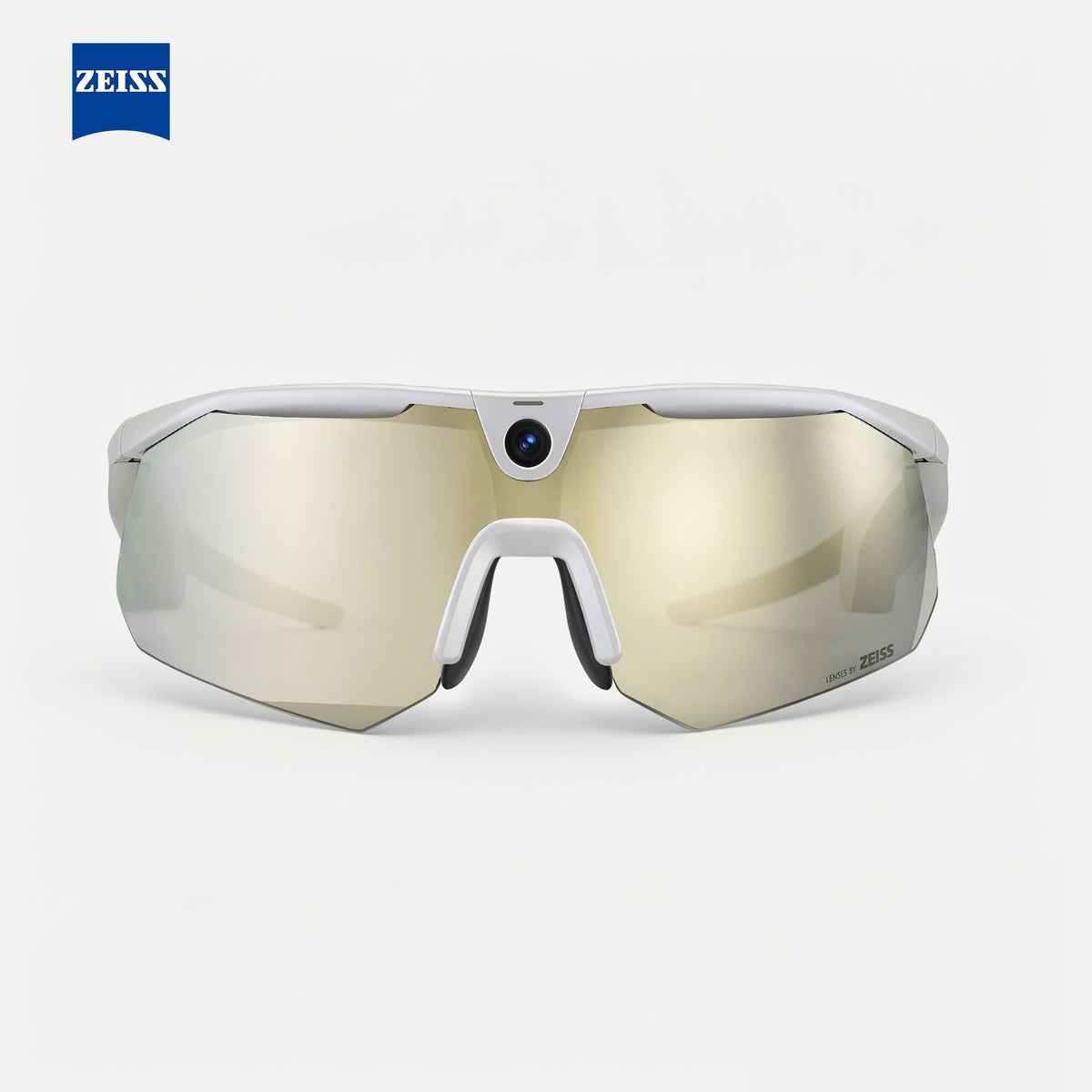 BleeqUp Ranger AI sports camera glasses, white frame with ZEISS gold mirrored lenses, front view