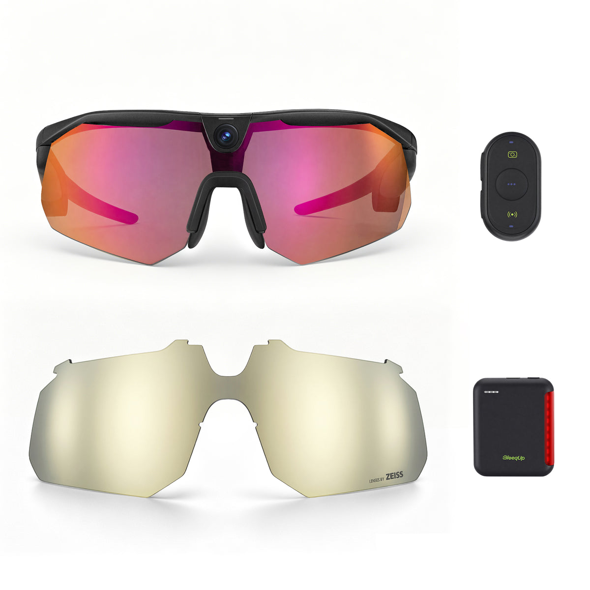 BleeqUp Ranger Ultimate Bundle, black standard orange-red lenses with ZEISS champagne replacement lens, Power Plus and Bluetooth controller