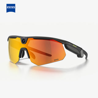 BleeqUp Ranger AI sports camera glasses, black frame with ZEISS orange mirrored lenses, side view