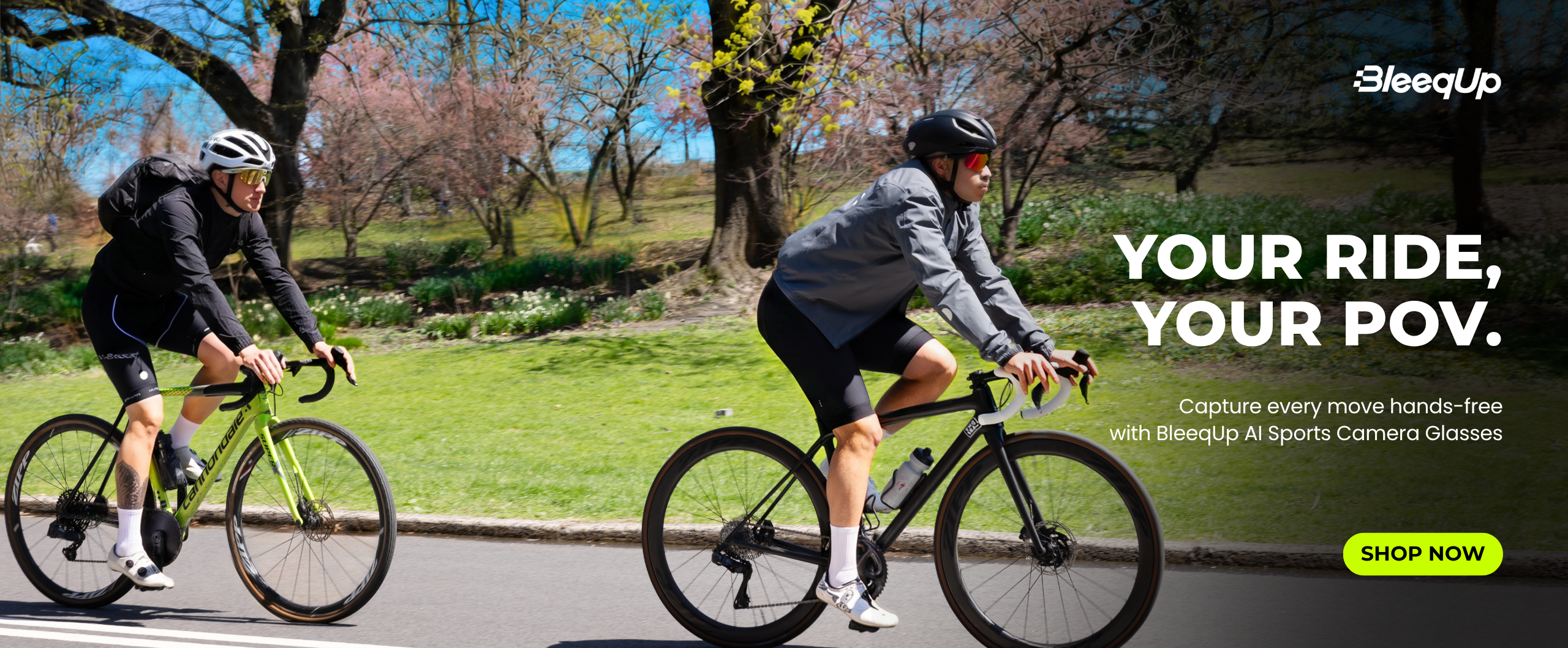 Promotional banner for BleepUp AI Sports Camera Glasses for cycling, highlighting hands-free POV capture and a 'SHOP NOW' button.